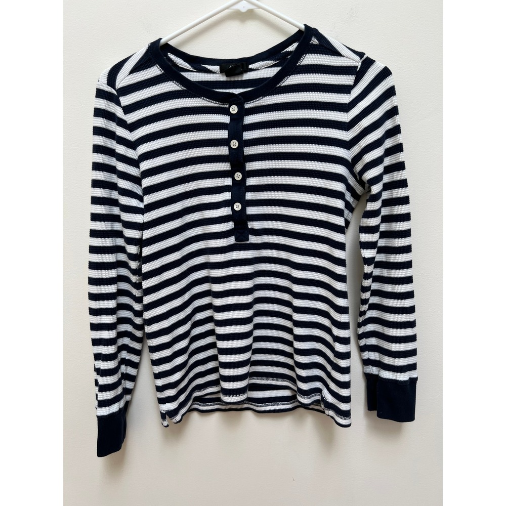J.Crew Henley Women S Navy White Striped Waffle Knit Thermal Top Warm Lagenlook